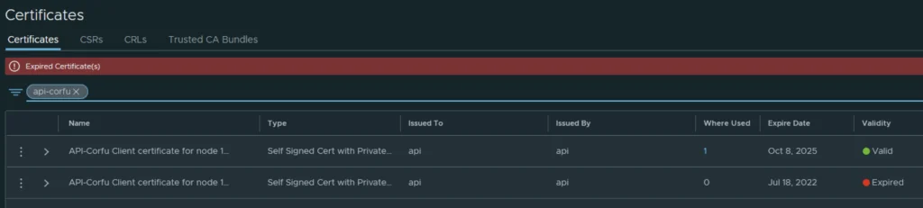 UI shows expired certificate with “Expired Certificate(s)” error.