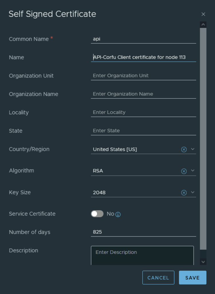 Self-signed certificate wizard step showing fields for Common Name, Name, Organization, etc.