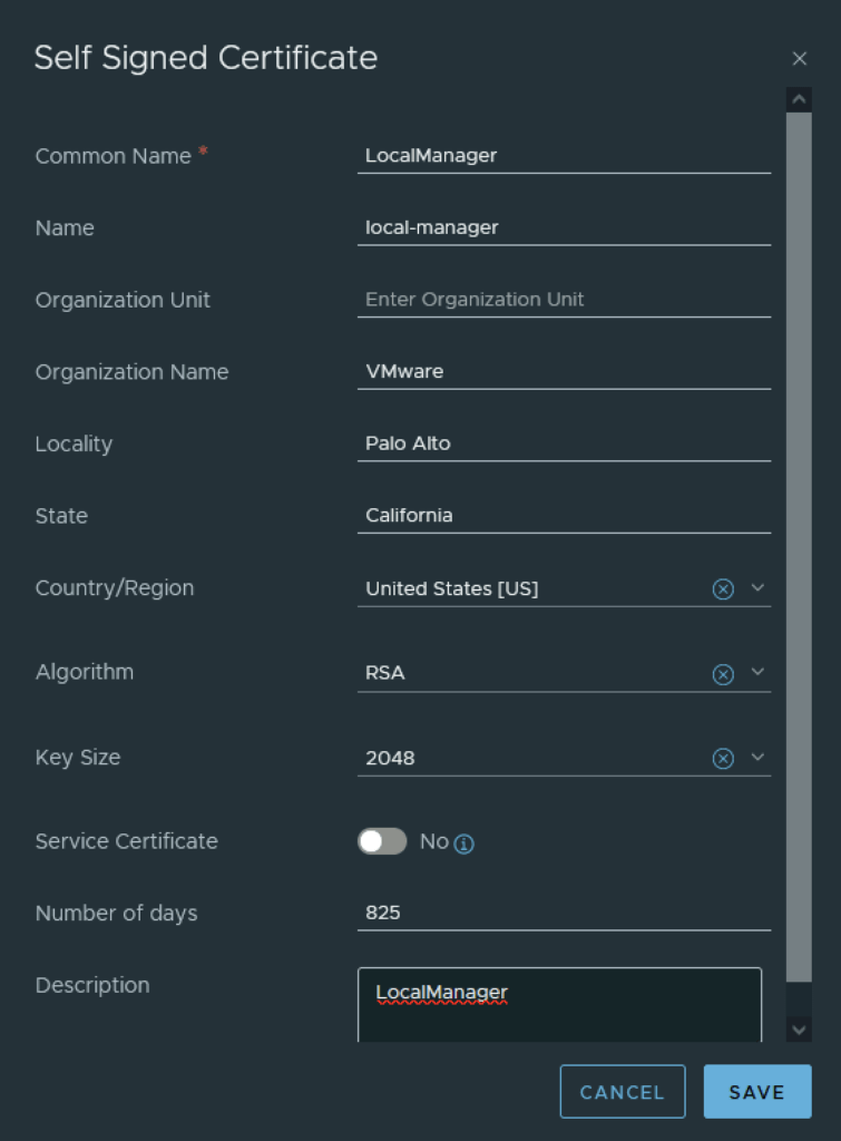 Self-signed certificate wizard step showing LocalManager details and options.