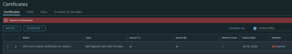 Expired certificate alert in NSX UI, showing AR Corfu client certificate details.