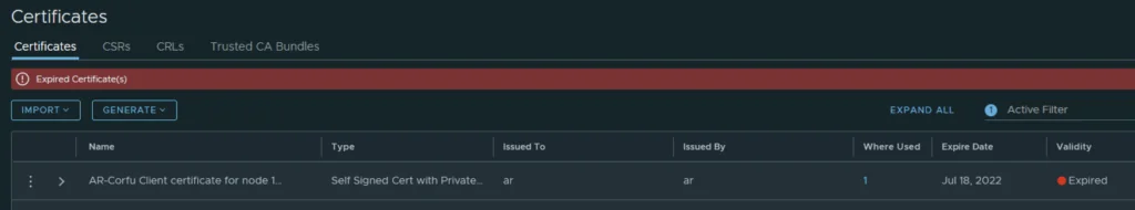 Expired certificate alert in NSX UI, showing AR Corfu client certificate details.