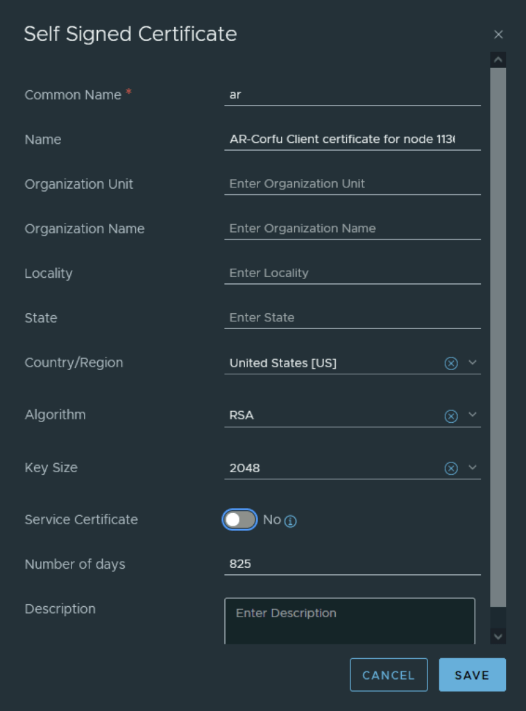 UI shows fields for creating a self-signed certificate, including Common Name, Organization Unit, and Algorithm options.