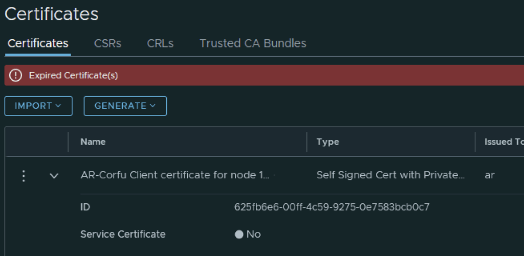 Expired certificate warning shown, new certificate ID needed for NSX.