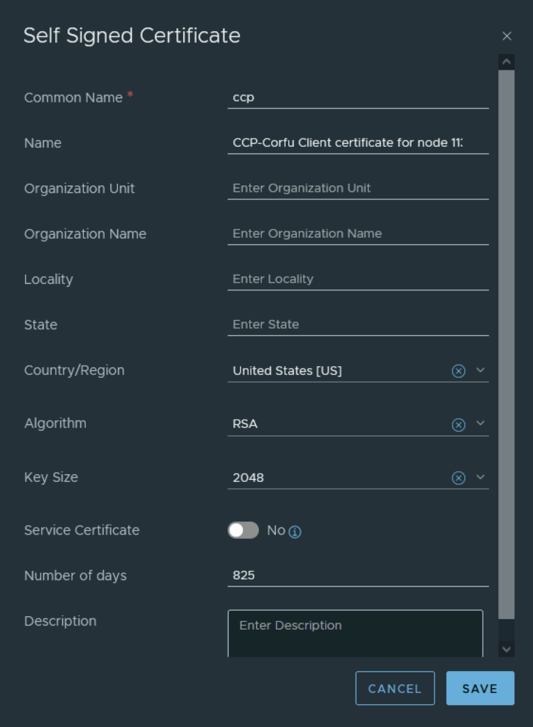 Self-signed certificate creation wizard for CCP Corfu client.