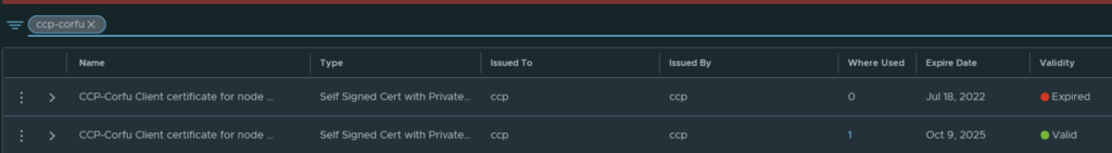 UI shows CCP-Corfu certificates, one expired, one valid.