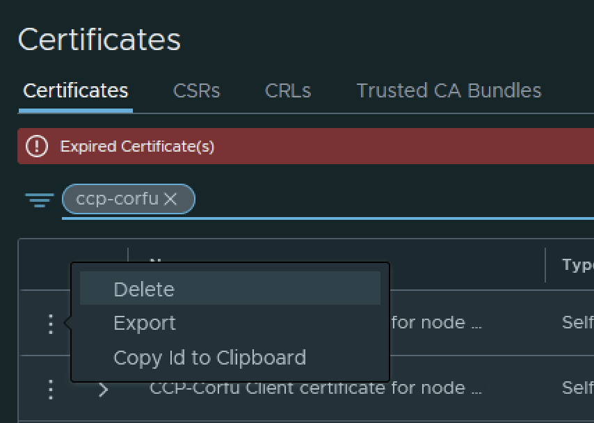 UI shows certificate management with expired warning, CCP-Corfu certificate, and delete/export options.