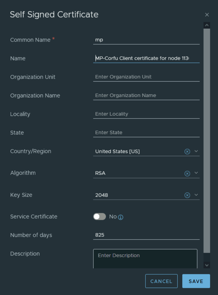 UI for generating a self-signed certificate with fields like Common Name, Name, Organization Unit, etc., shown.