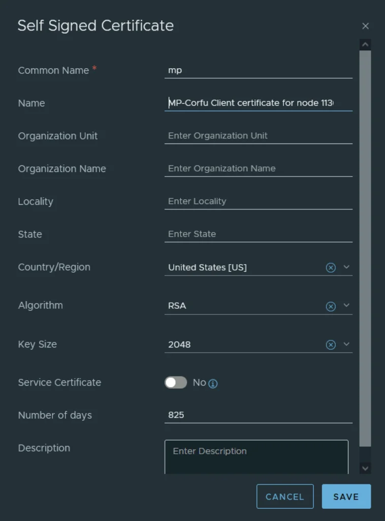 UI for generating a self-signed certificate with fields like Common Name, Name, Organization Unit, etc., shown.