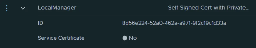 The image shows a LocalManager entry with an ID and a Service Certificate option set to No.