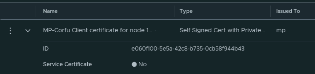 The image shows a certificate details panel with fields like Name, Type, Issued To, ID, and Service Certificate.