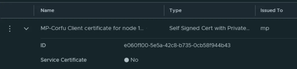 The image shows a certificate details panel with fields like Name, Type, Issued To, ID, and Service Certificate.