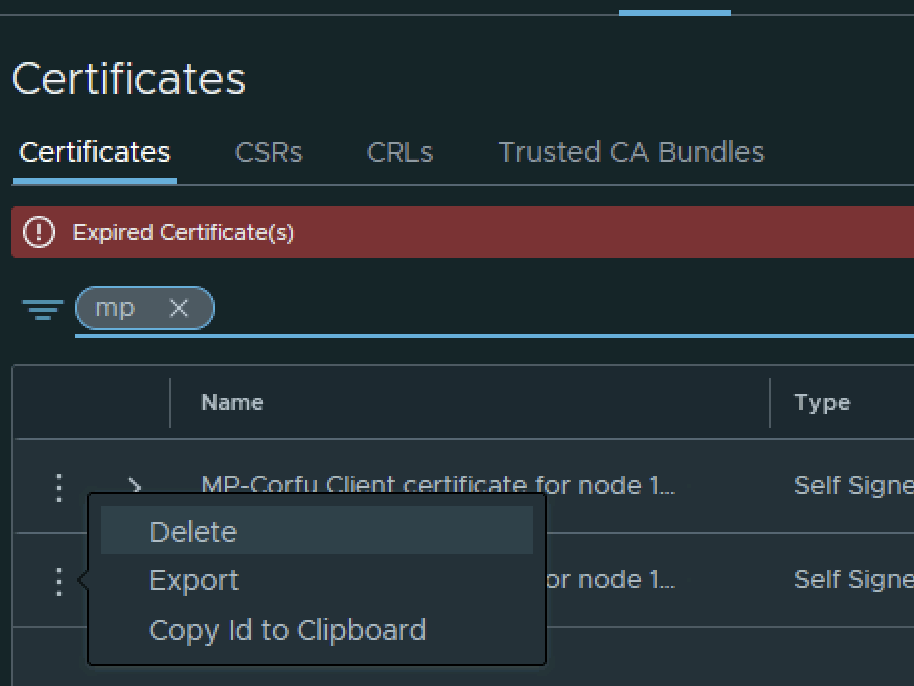 UI shows certificate management with expired warning, search filter, and options like delete, export, and copy ID.