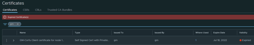 UI shows expired GM Corfu certificate details with expiration date.