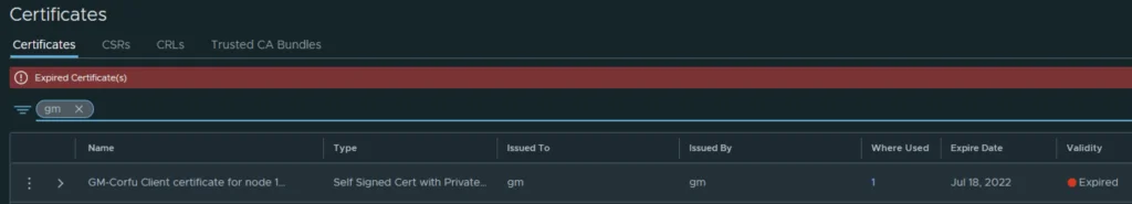 UI shows expired GM Corfu certificate details with expiration date.