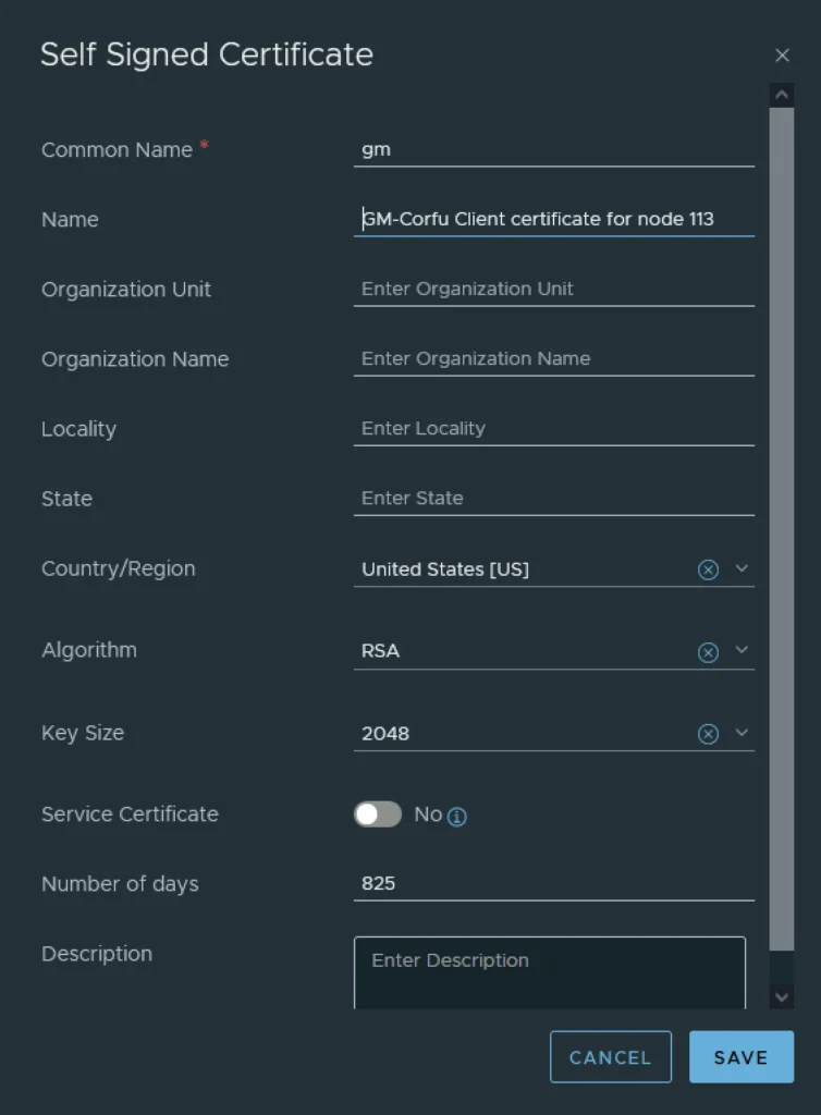Setting up a self-signed certificate for GM Corfu client in NSX.