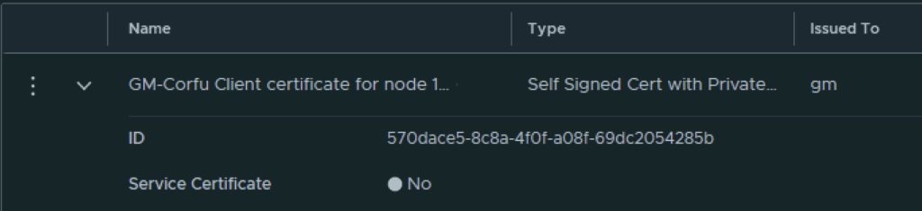 The image shows a certificate entry labeled &ldquo;GM-Corfu Client certificate for node 1&mldr;&rdquo; with an ID of 570dace5-8c8a-4f0f-a08f-69dc2054285b.