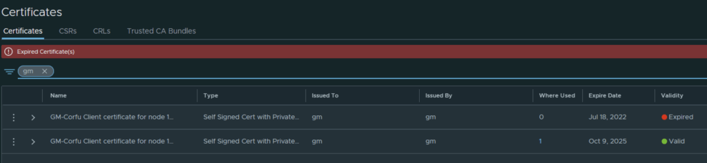 Certificate management interface shows expired and valid certificates, highlighting the need for replacement.