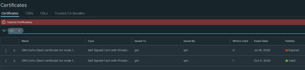 Certificate management interface shows expired and valid certificates, highlighting the need for replacement.