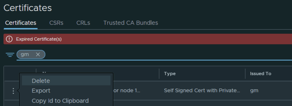 UI shows expired certificate, delete option available.
