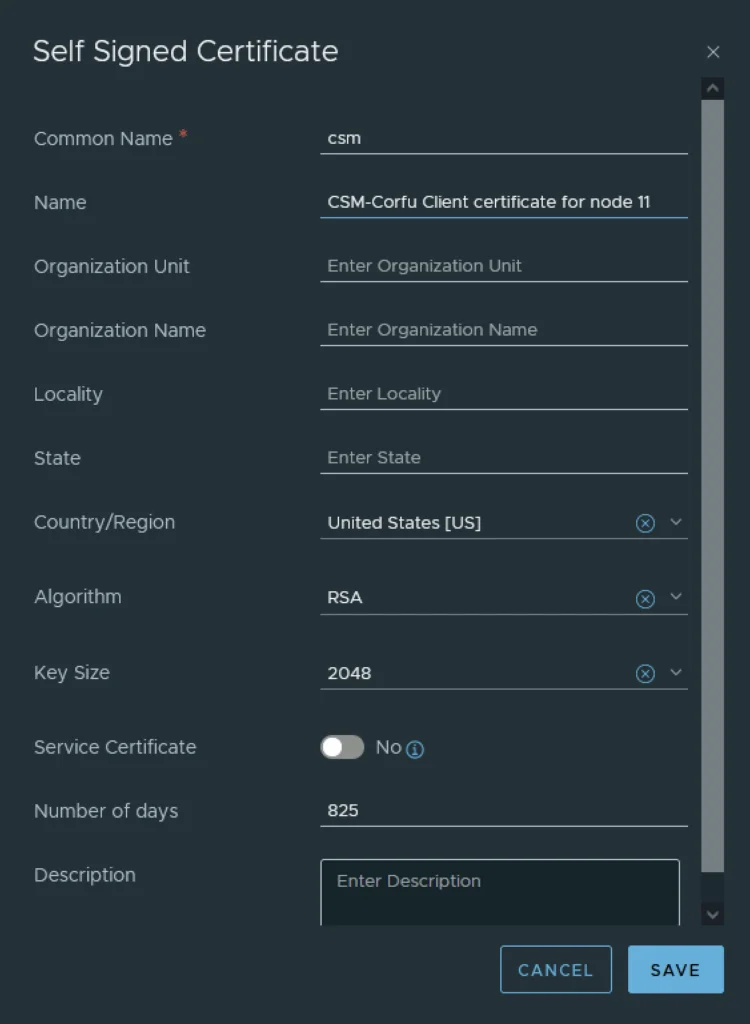 UI shows fields for creating a self-signed certificate, including Common Name, Name, Organization Unit, etc.