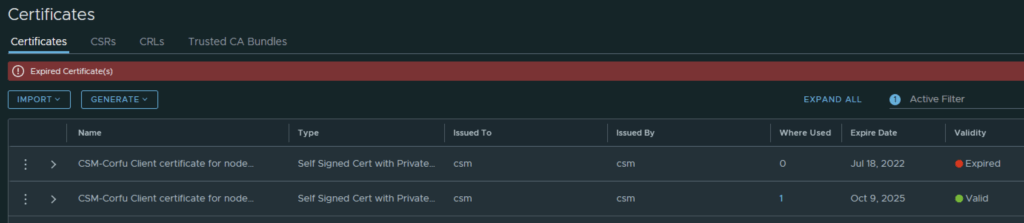 Certificate management page shows expired and valid certificates, with options to import or generate.