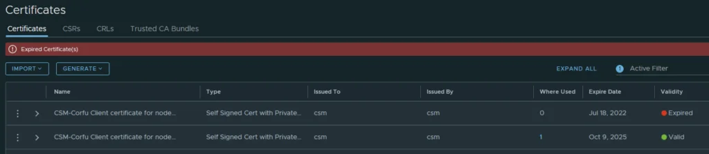 Certificate management page shows expired and valid certificates, with options to import or generate.