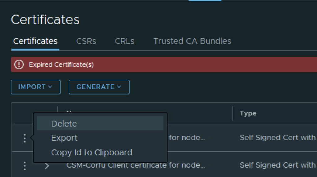 UI shows expired certificate warning, options to delete, export, or copy ID.