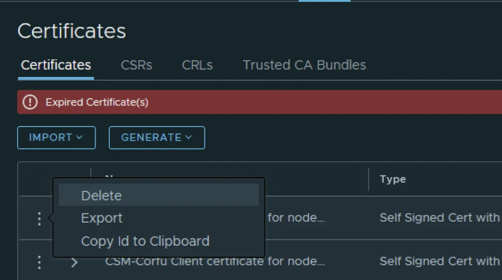 UI shows expired certificate warning, options to delete, export, or copy ID.