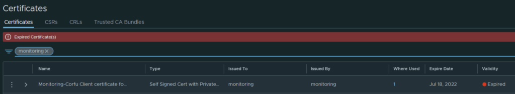 UI shows expired Monitoring Corfu certificate with details and error.