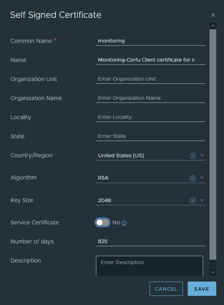 UI for generating a self-signed certificate with fields like Common Name, Organization Name, and Key Size visible.