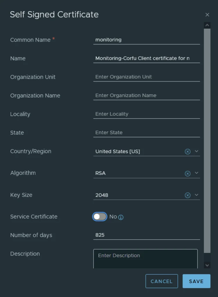 UI for generating a self-signed certificate with fields like Common Name, Organization Name, and Key Size visible.