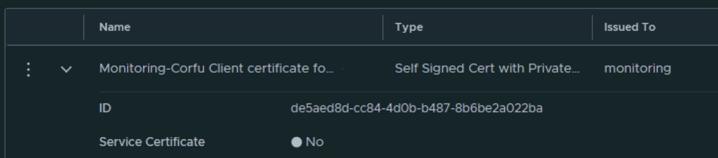 The image shows a table with certificate details, including name, type, ID, and service certificate status.