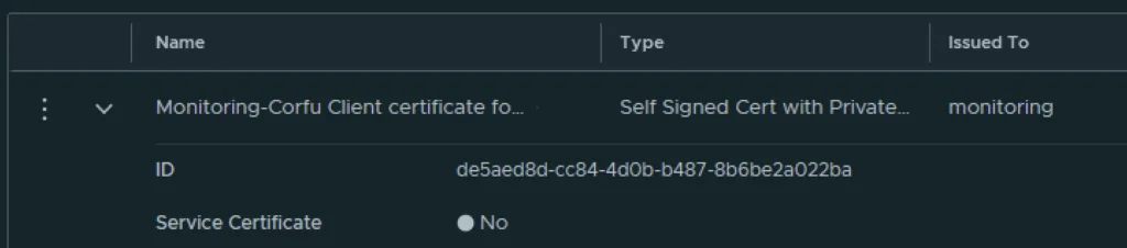 The image shows a table with certificate details, including name, type, ID, and service certificate status.
