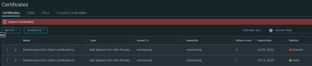 UI shows expired and valid certificates for Monitoring Corfu, highlighting the need for replacement.