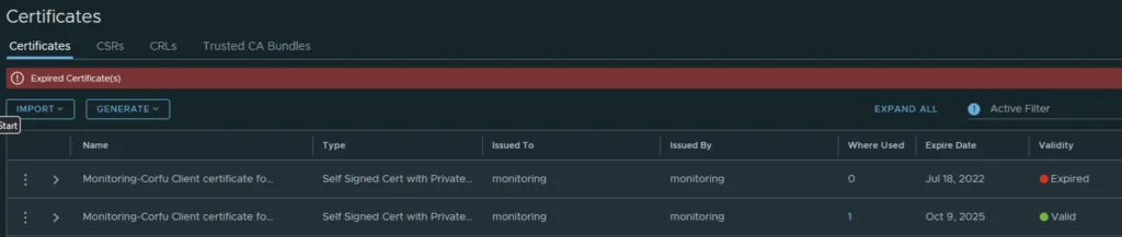 UI shows expired and valid certificates for Monitoring Corfu, highlighting the need for replacement.