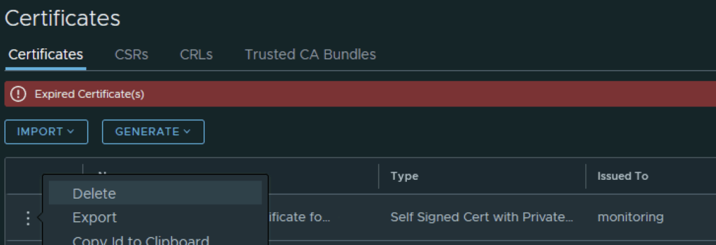 UI shows certificate management with expired certificate warning, delete option visible.