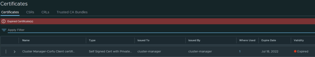 UI shows expired certificate details for NSX cluster manager Corfu client.