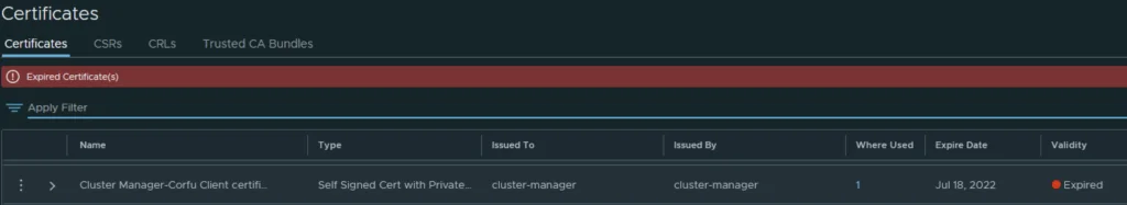 UI shows expired certificate details for NSX cluster manager Corfu client.