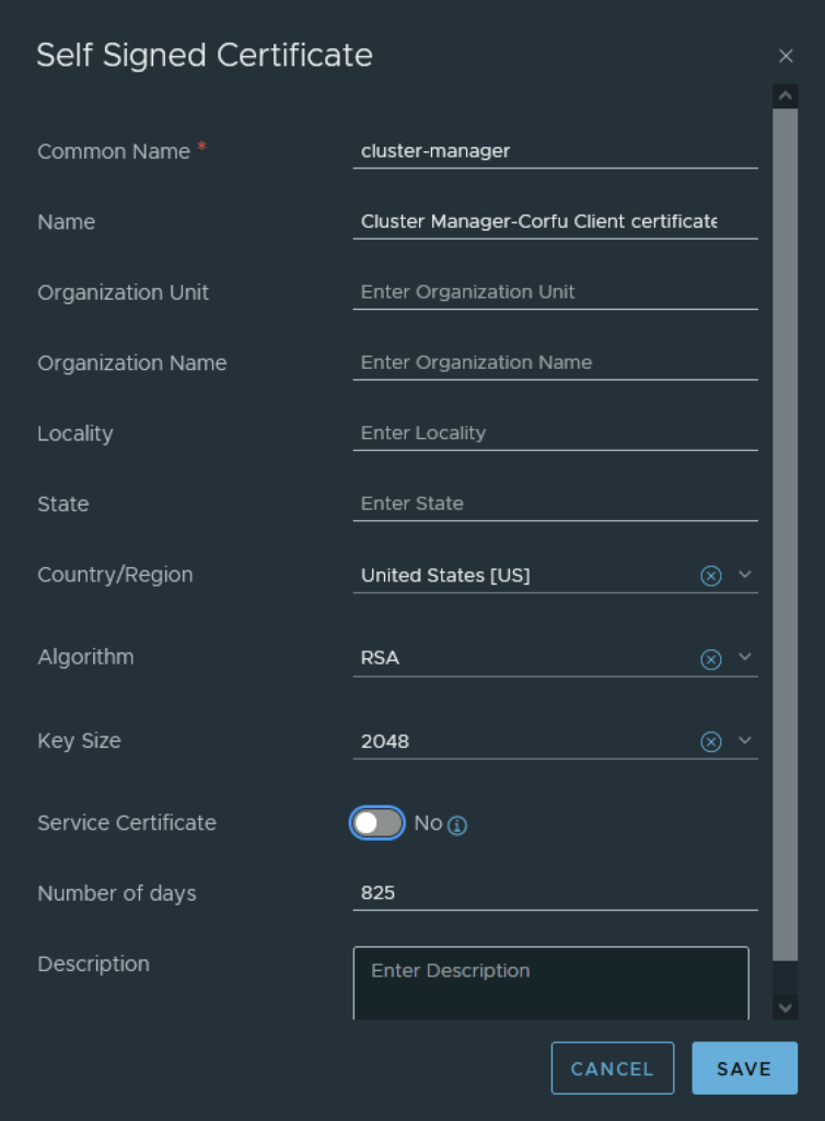 UI shows fields for creating a self-signed certificate, including Common Name, Algorithm, Key Size, and Number of days.