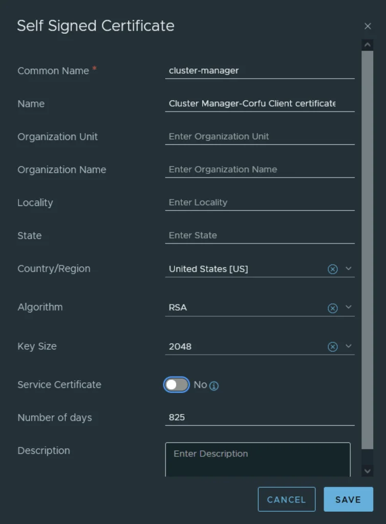 UI shows fields for creating a self-signed certificate, including Common Name, Algorithm, Key Size, and Number of days.
