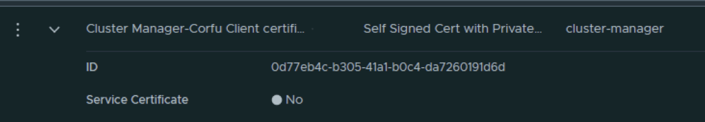 The image shows a UI element with a certificate ID and a &ldquo;Service Certificate&rdquo; option.