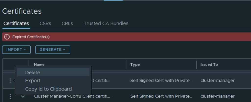 UI shows certificate management with options to delete, export, or copy ID.
