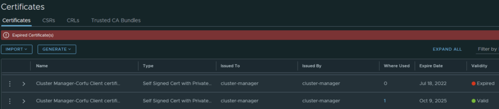 UI shows certificates, one expired, one valid, for cluster manager Corfu.