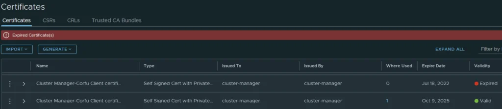 UI shows certificates, one expired, one valid, for cluster manager Corfu.