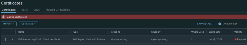 UI shows expired certificate warning, options to import or generate new.