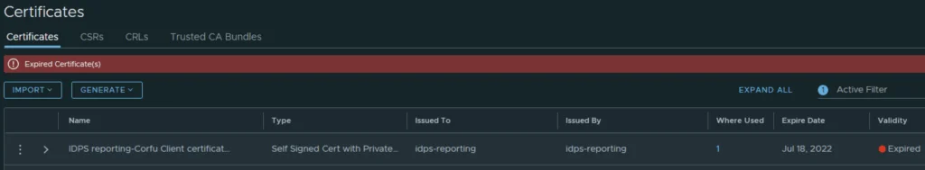 UI shows expired certificate warning, options to import or generate new.