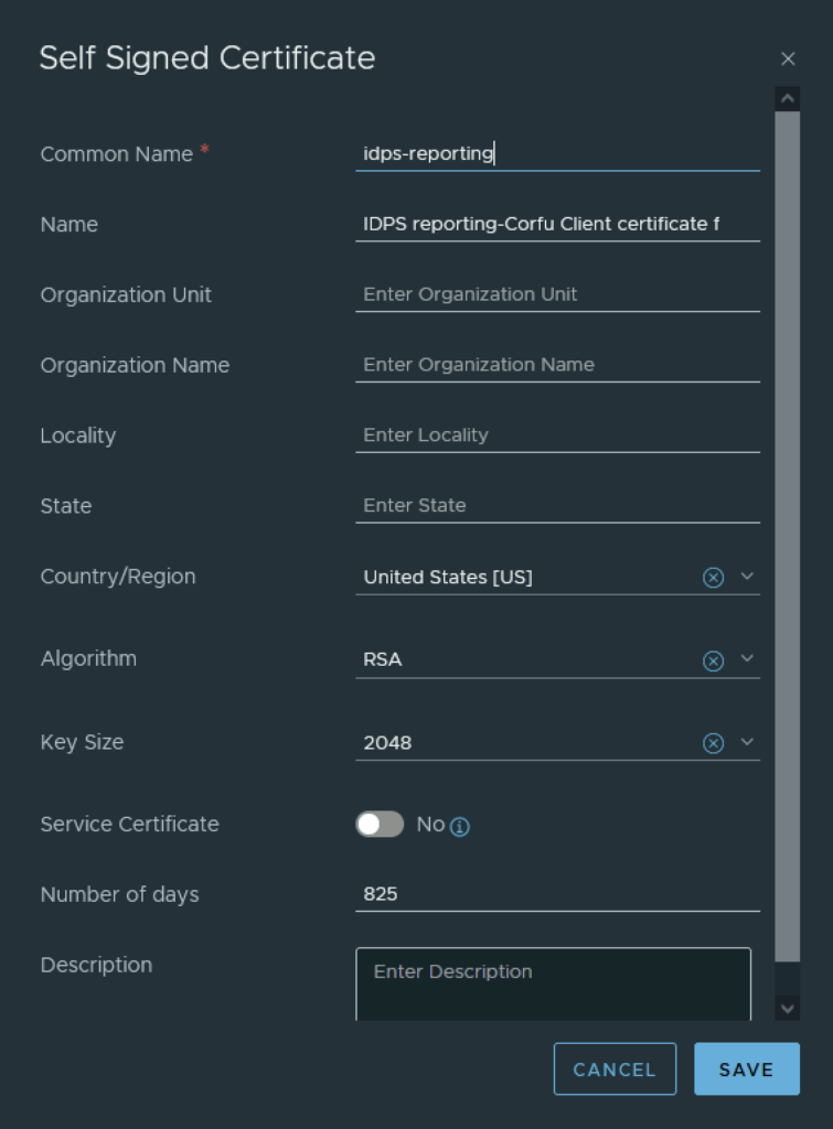 Self-signed certificate setup form for NSX IDPS reporting Corfu client, with fields like Common Name, Organization Name, Key Size, and Number of days.