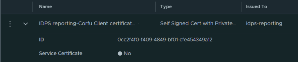 Table shows certificate details for IDPS reporting Corfu client, self-signed cert.