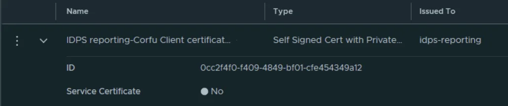 Table shows certificate details for IDPS reporting Corfu client, self-signed cert.