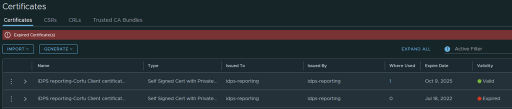 Certificate management interface shows expired and valid certificates, with options to import or generate new ones.